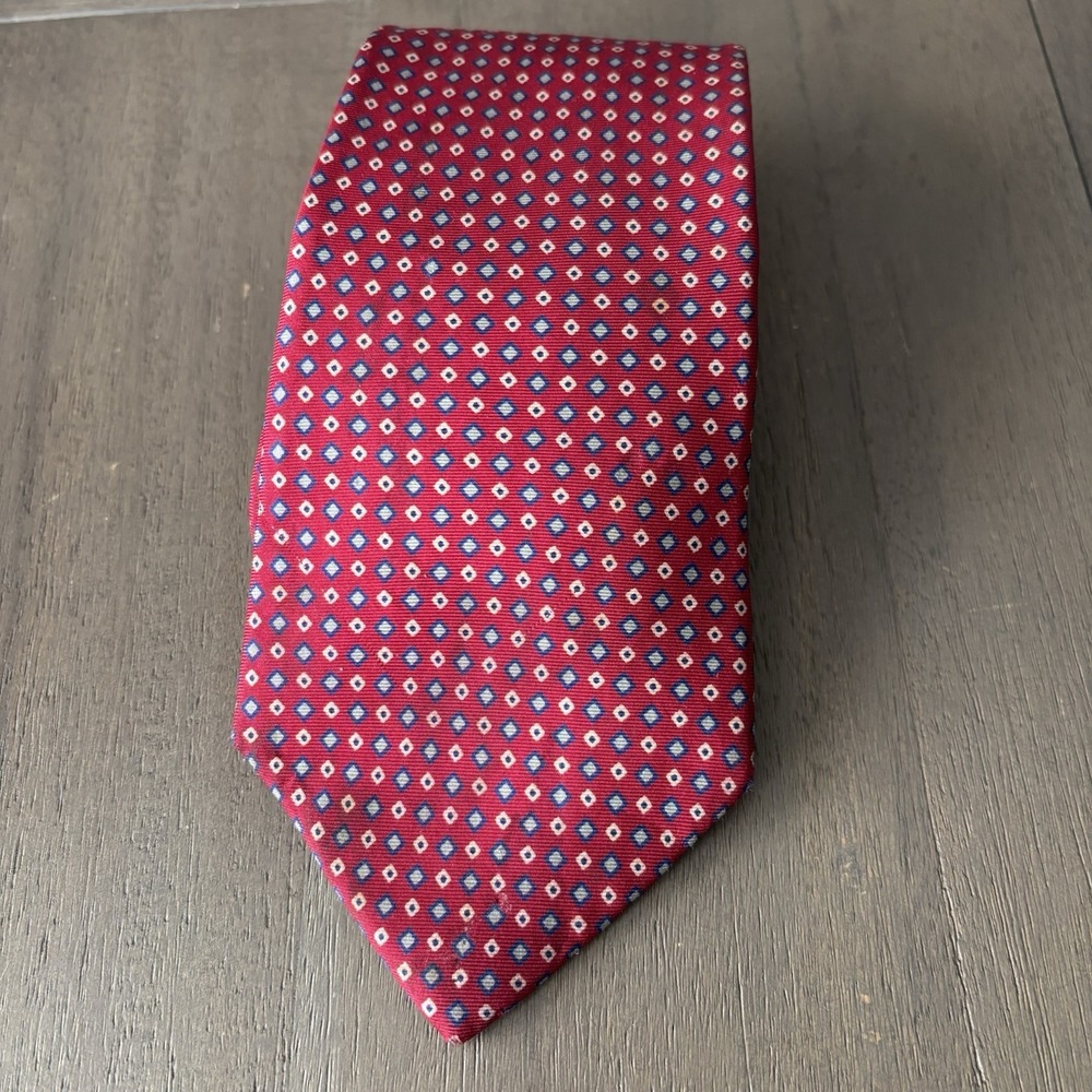 Christian Dior Mens 58" Neck Tie Red Diamond Pattern Italian Silk Made In USA